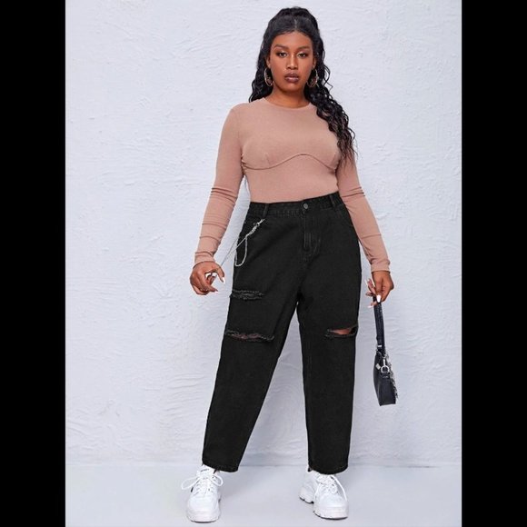 SHEIN Denim - SHEIN Plus Chain Detail Ripped ⚧ Mom Jeans, 1XL Black
